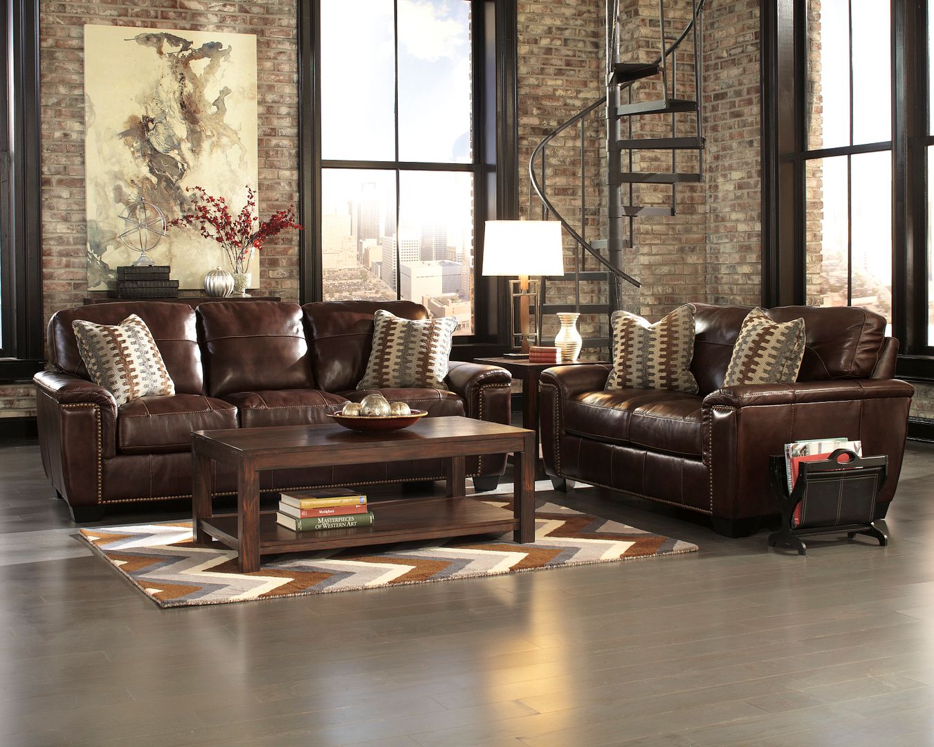 ASHLEY CONTEMPORARY DARK BROWN TOPGRAIN LEATHER COUCH SOFA LOVESEAT