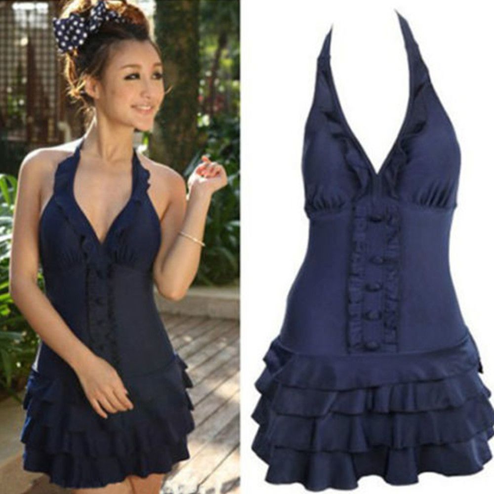 Sexy Deep V One Piece Swimsuit Swimdress Ruffle Swimwear Halter Plus Size Dress Ebay 3063