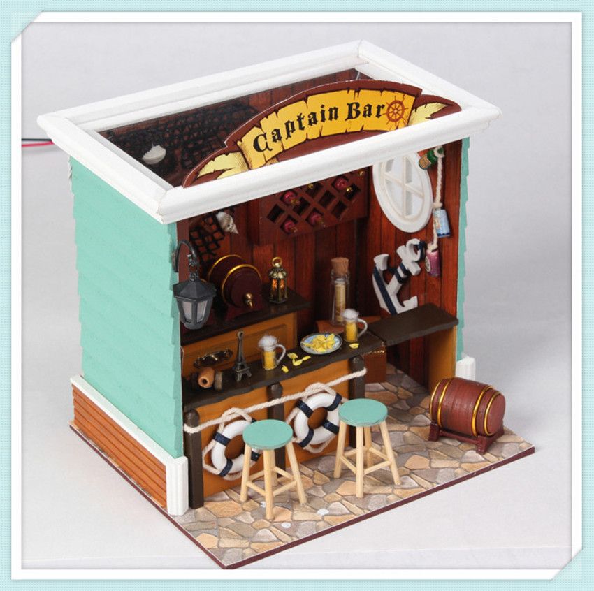 Wooden Handmade Dollhouse Miniature DIY Kit w/lED lightCaptain Bar